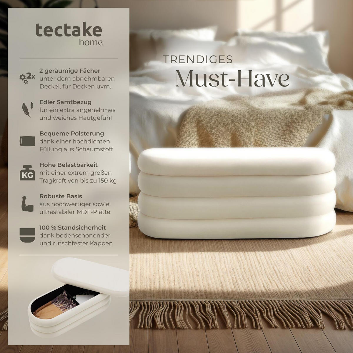 Truhenbank Altu,110 x 45 x 42 cm,Samtoptik creme-weiß - Weiß/Samtahornfarben, Holz (110/42/45cm) - tectake