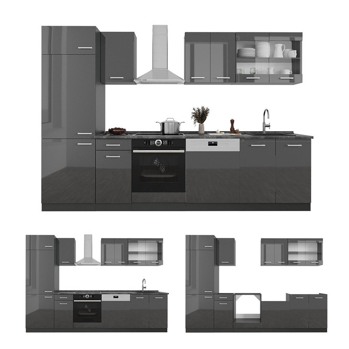 KUHINJSKI BLOK R-Line Antracit visok sijaj/antracit 300 cm brez delovne plošče - črna/visok sijaj, leseni material (300/206.8/46cm) - Vicco
