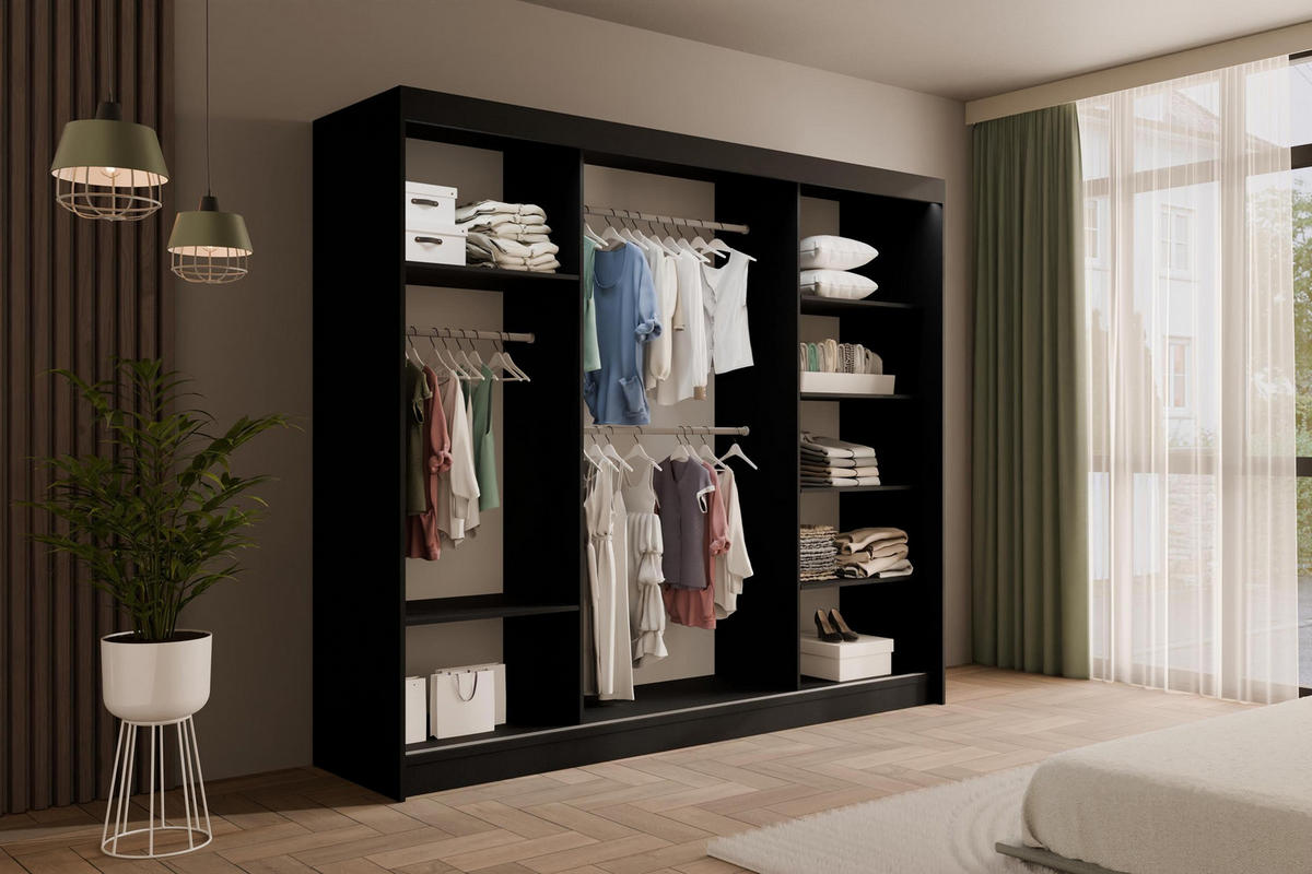 KLEIDERSCHRANK AMOHA mit LED - 250 cm - Schwarz - Schwarz, Holzwerkstoff (250/215/61cm) - ALTDECOR