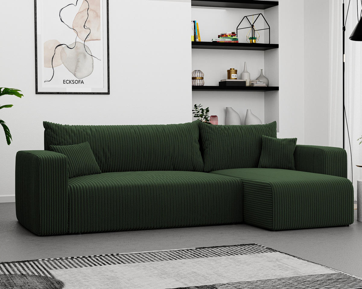 ECKSOFA Grün Cord-Stoff mit Bettkasten - Grün, Textil (248/145cm) - Idohome