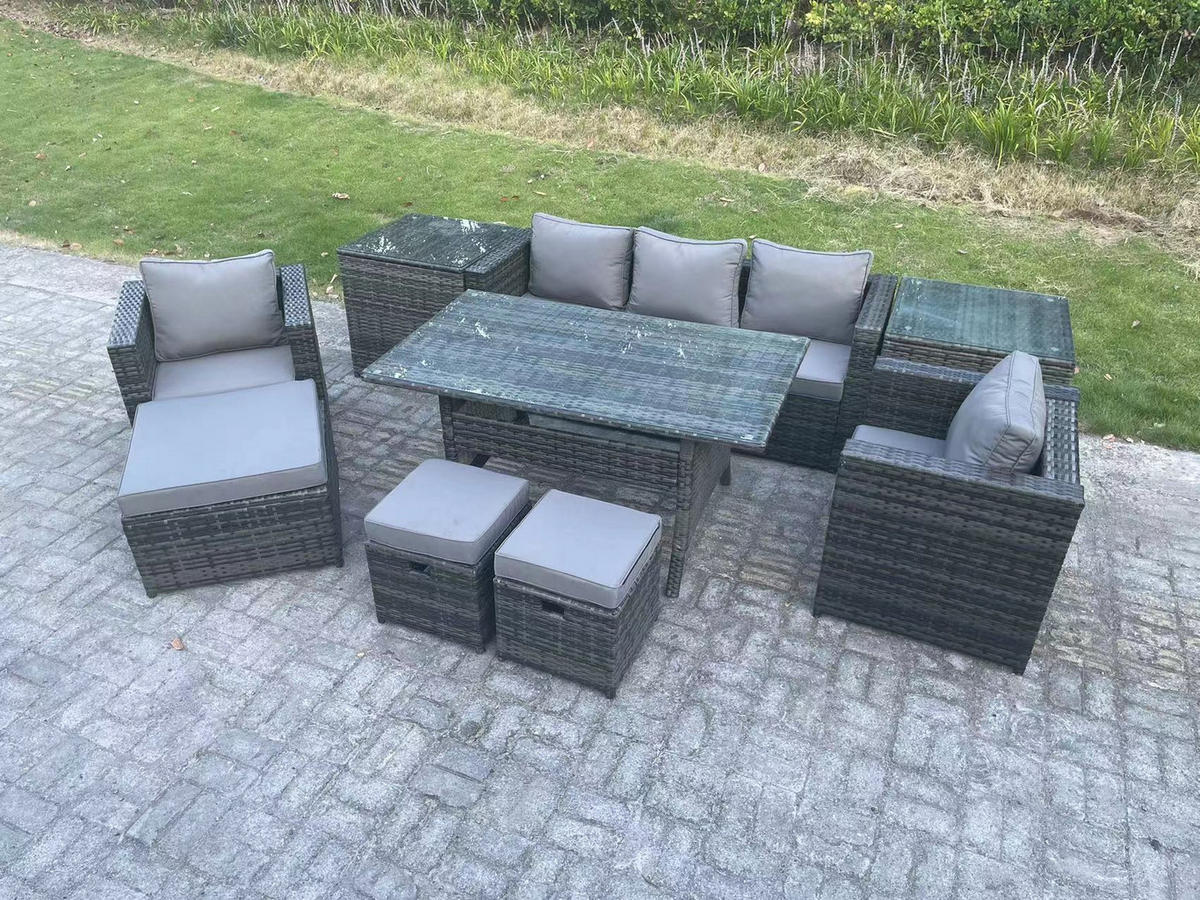 LOUNGEGARNITUR mit Stuhl,Beistelltischen Polyrattan Dunkelgrau 8-Sitzer - Dunkelgrau/Grau, Glas/Kunststoff - Fimous