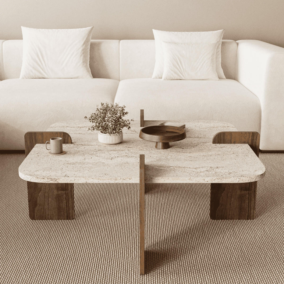 COUCHTISCH mit asymmetrischen Beinen 90/90/35 cm - Beige, Holzwerkstoff (90/90/35cm) - Calicosy