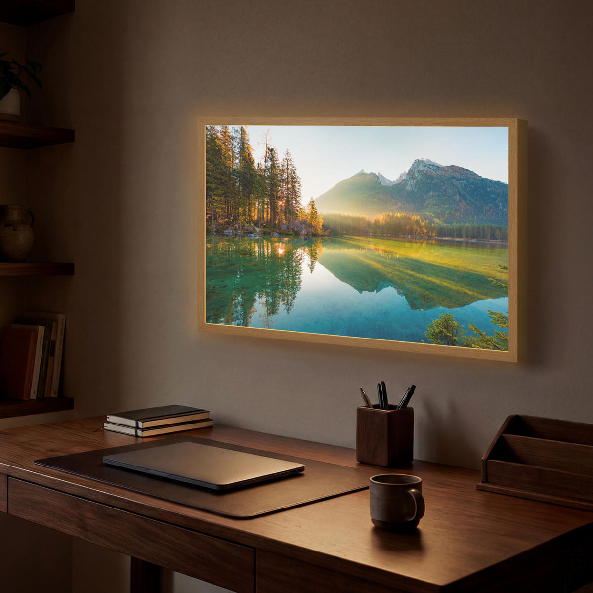 WANDLEUCHTE MIT AKKU See - Wald - Berge - Natur - Sonne - Landschaft 60x40 cm - Grün, Holzwerkstoff (60/40/8cm) - OnlyWow