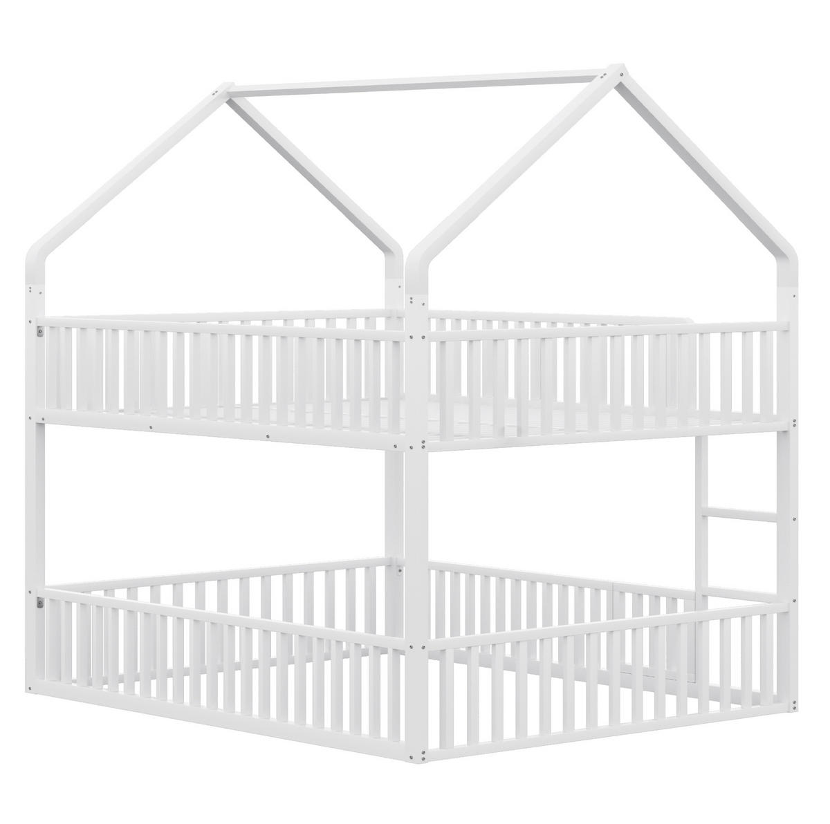 HAUSBETT 140/200 cm aus Metall in Weiß mit Hausrahmen und Treppe - Weiß, Metall (140/200cm) - BEAOK