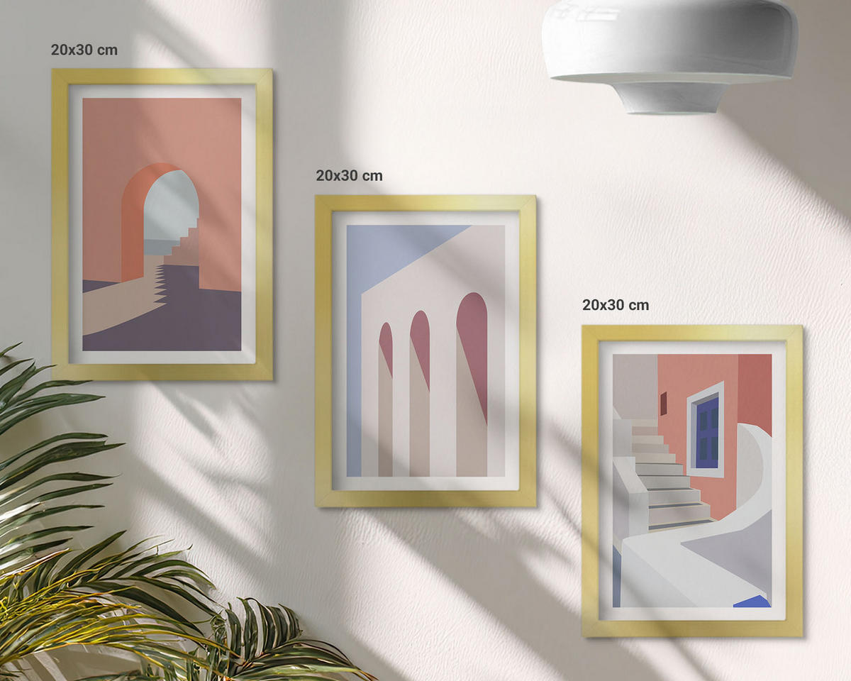 WANDBILDER 3er Set - 20x30 cm Goldrahmen - Minimalistische Architekturillustrationen - Goldfarben, Kunststoff (20/30cm) - ArtPrintCave