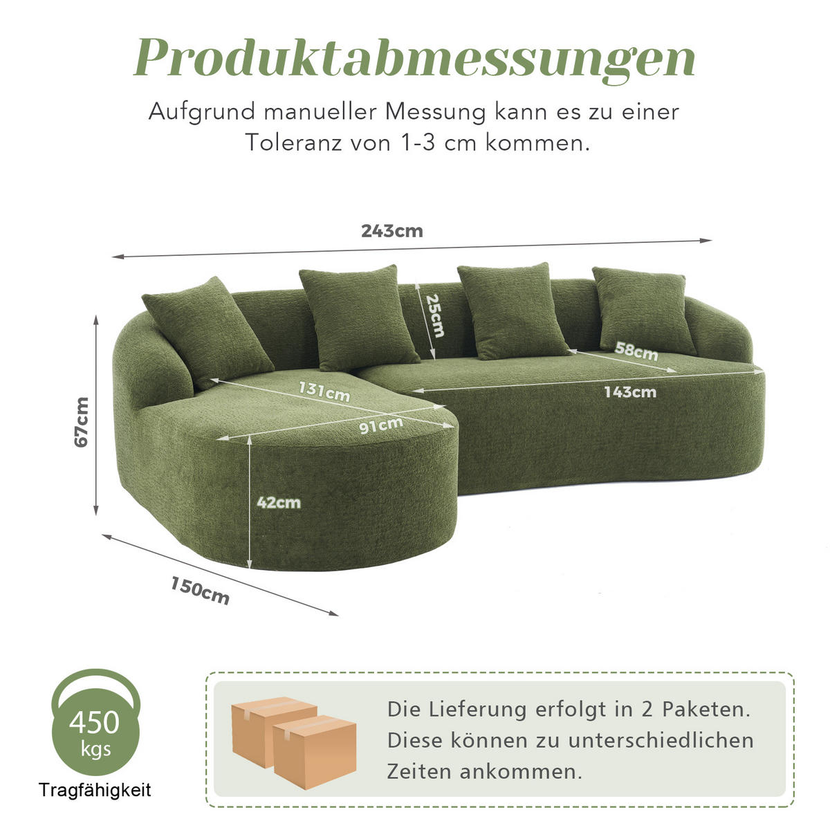 ECKSOFA Chenille Grün Montagefrei - Grün, Textil (243/150cm) - WISHDOR
