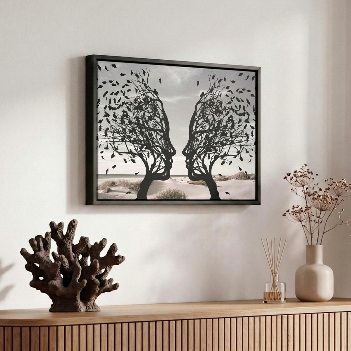 LEINWAND Bilder mit Rahmen - Strand - Meer - Menschen - Baum - Moderne Kunst - 30x20 - Hellgrau, Textil (30/20cm) - MuchoWow