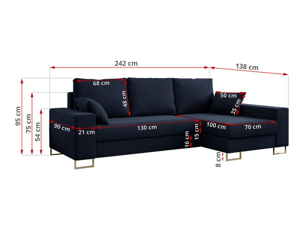 ECKSOFA Dorian Velvet Dunkelblau - Goldfarben/Dunkelblau, Textil/Metall (242/138cm) - MKS