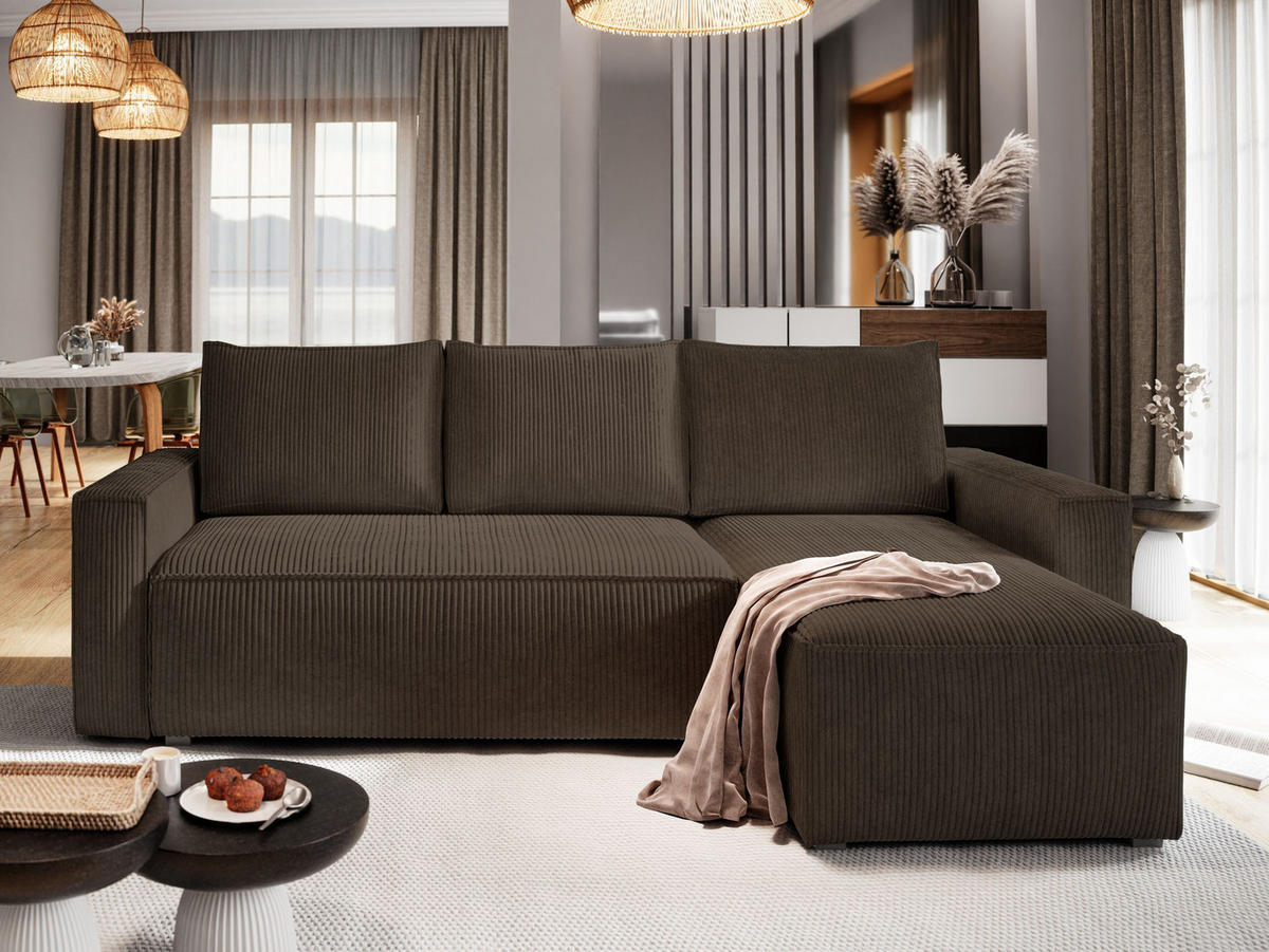 ECKSOFA POTARO Braun Kordstoff mit Schlaffunktion - Braun, Holz (232/140cm) - MASSENO