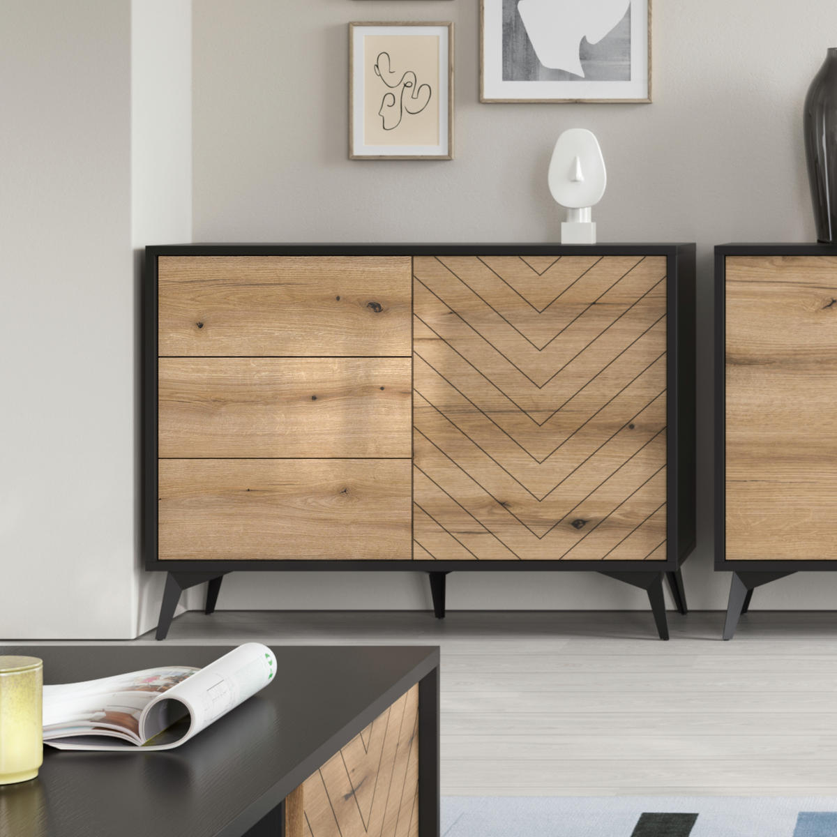 SIDEBOARD Jasper KSZ104 – Eiche Evoke, Schwarz - Eichefarben/Schwarz, Glas/Holzwerkstoff (104/77/39cm) - Komodee