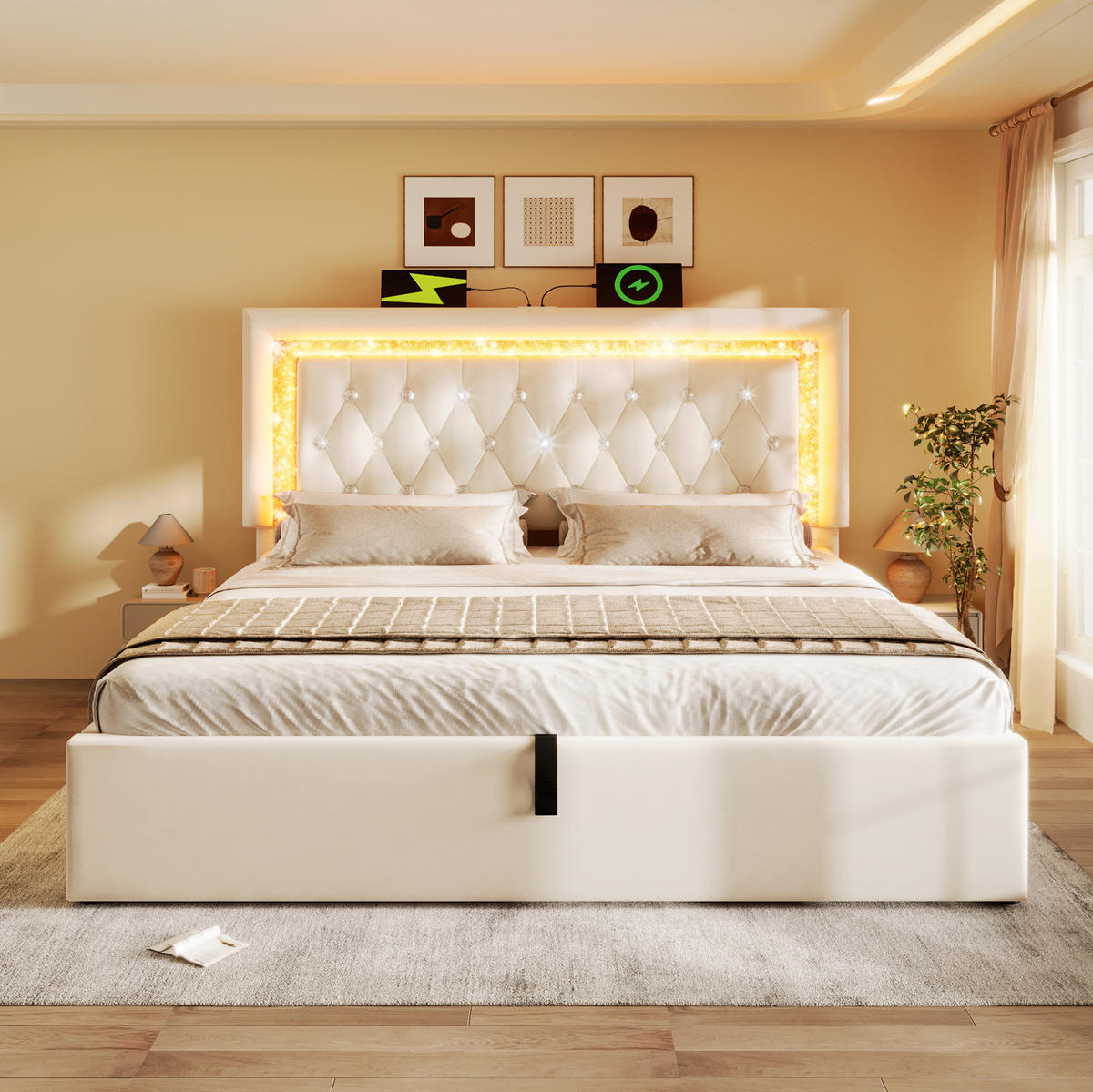 BETT mit LED und Stauraum 140x200 cm Samt Beige inkl. Matratze - Beige, Metall (140/200cm) - Meubliv