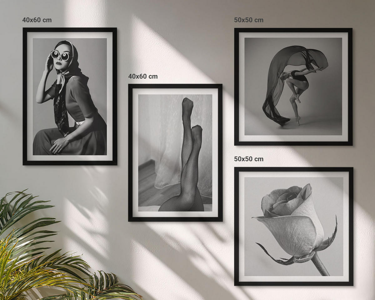 BILDER SET 4er Set - 50x50 cm & 40x60 cm Schwarzer Rahmen - Stilvolle Porträts eleganter Frauen - Schwarz, Kunststoff (50/50cm) - TULUP