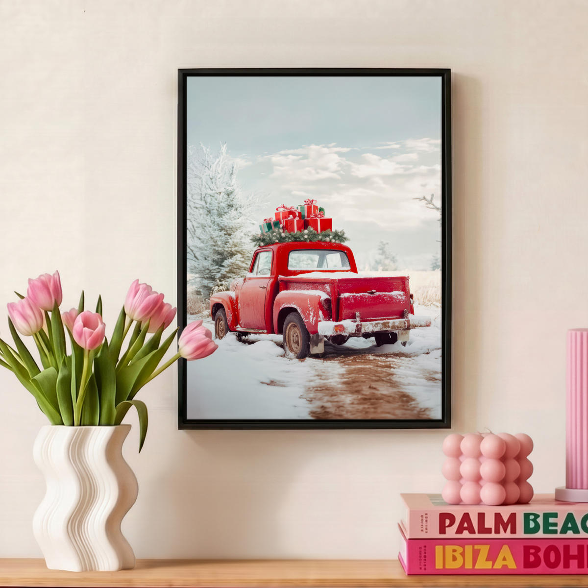 LEINWAND Bilder mit Rahmen - Auto - Rot - Geschenke - Winter - Schnee - Weihnachten - 30x40 - Rot, Textil (30/40cm) - MuchoWow