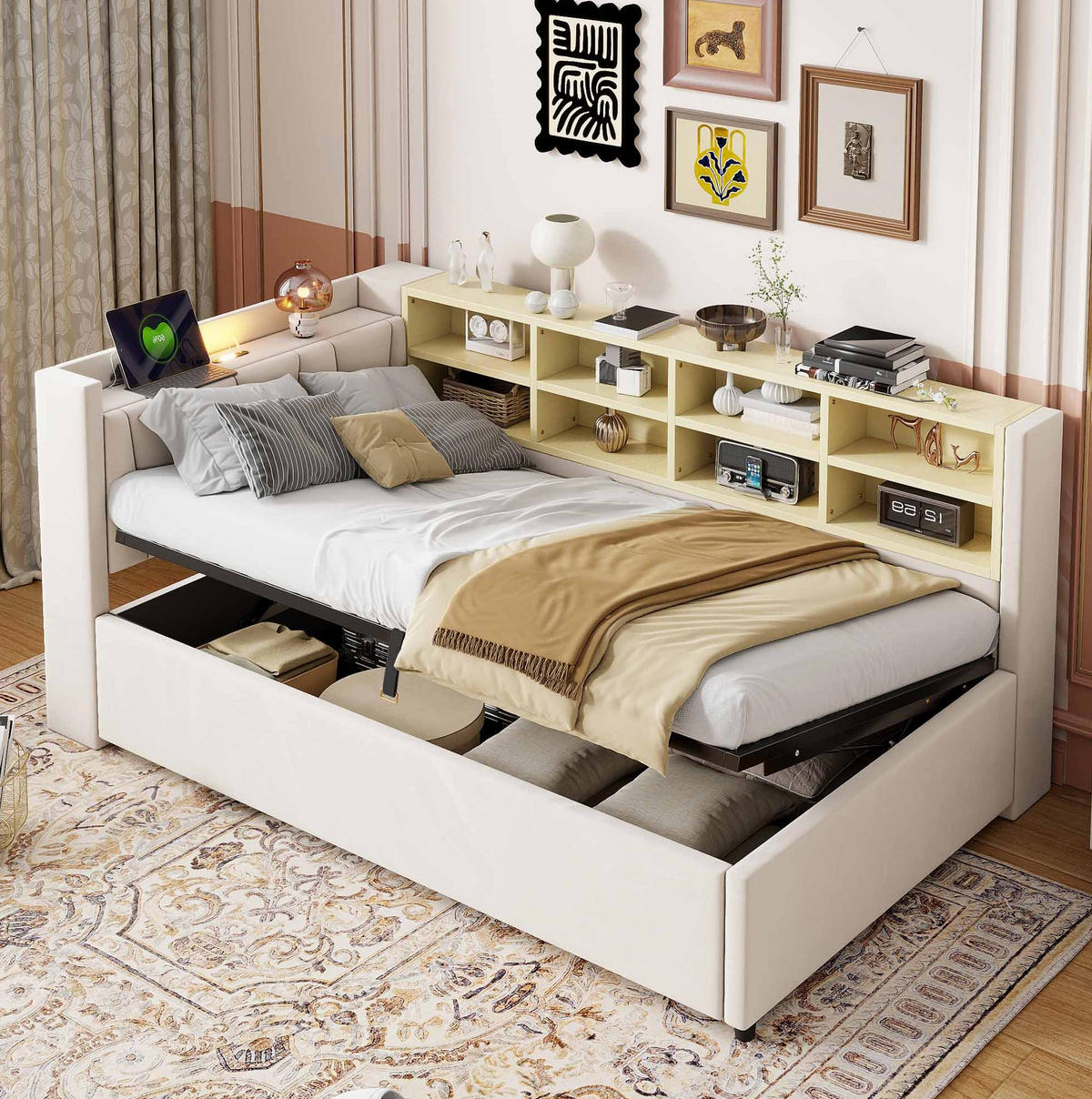 POLSTERBETT Schlafsofa aus Samt 90x200 cm Beige mit hydraulischem Stauraum, Nachtlicht, USB- und Typ-C-Anschluss - Beige, Textil (90/200cm) - Modfu