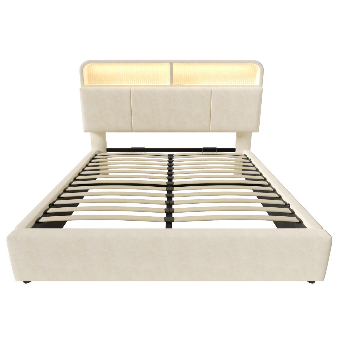 POLSTERBETT 140/200 cm aus Samt mit LED-Beleuchtung, USB/Type-C und hydraulischem Stauraum-Kopfteil und Matratze, Beige - Beige, Textil (140/200cm) - Redom
