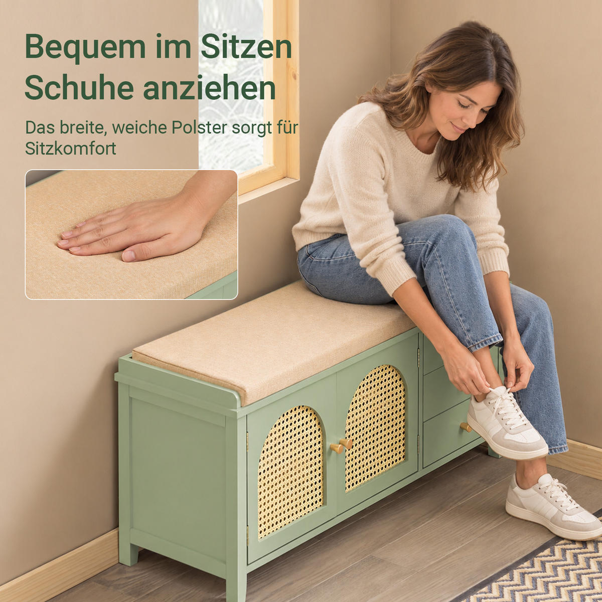 SCHUHBANK Grün, 100 cm breit, Rattangeflecht-Türen, Leinen-Sitzpolster, 2 Türen & 3 Schubladen, bis 150 kg, für Flur & Diele - Grün, Holzwerkstoff (100/46/34cm) - SoBuy