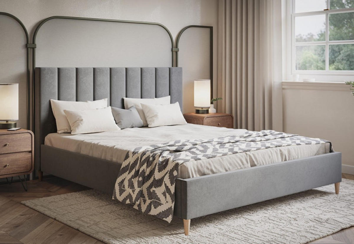 BETT Grau LUXO 2 Gepolstert Auf Hohen Holzbeinen 140x200 cm - Eichefarben/Schwarz, Textil (140/200cm) - Sepro Meble