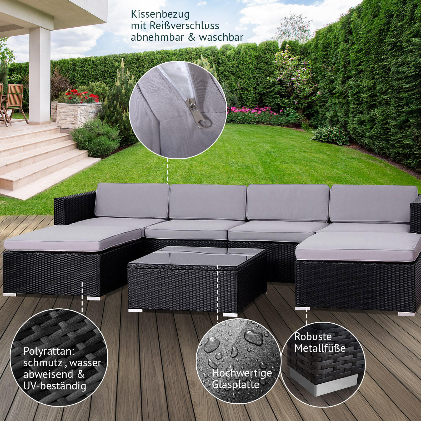LUGANO Polyrattan Lounge Schwarz - Schwarz/Grau, Kunststoff - SVITA