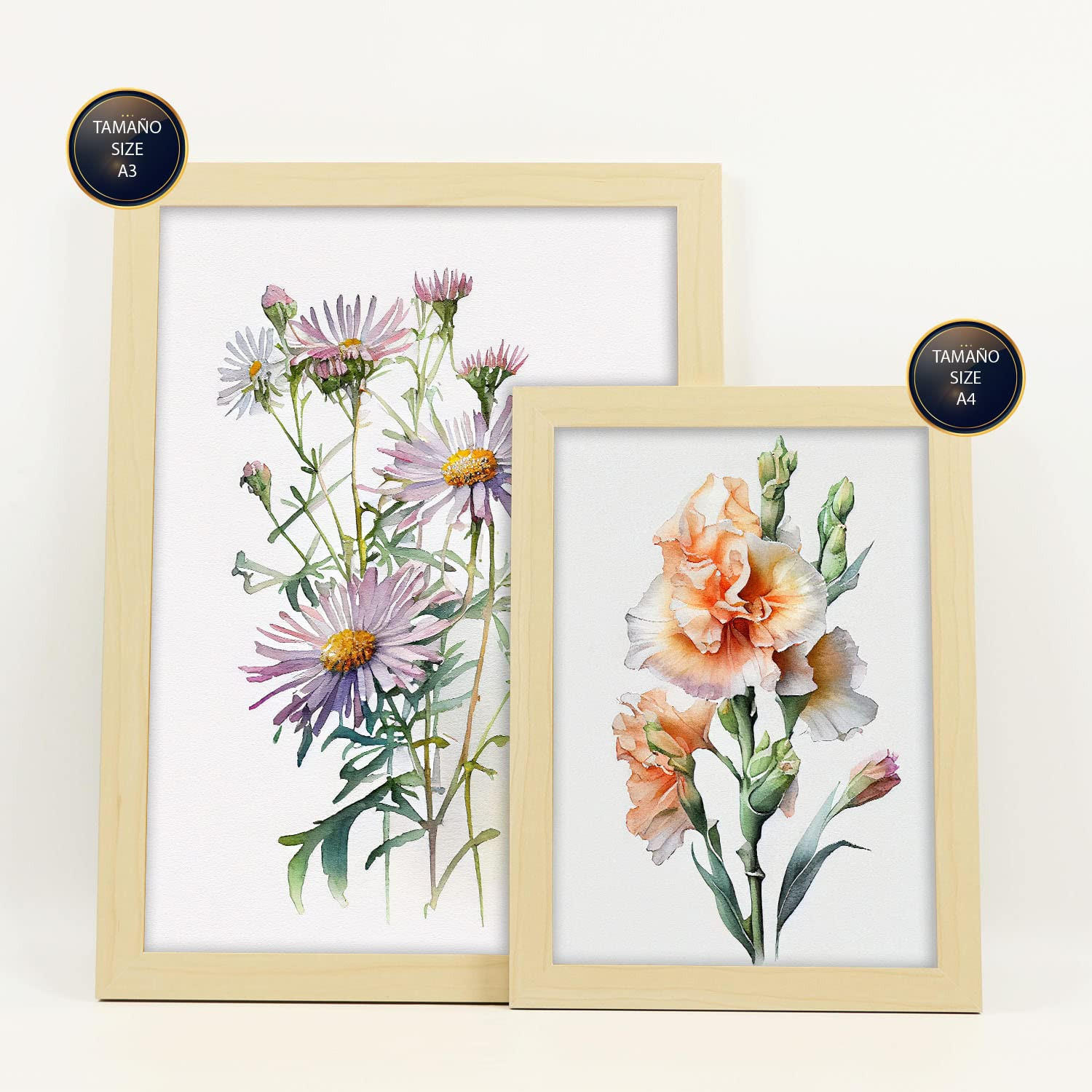 POSTER Set Mit 6 Blumensträuße Vollfarbige Natur Und Botanikdrucke Mit Blumenmotiven Auf Reinweißen Hintergründen A3 & A4 Rahmen Aus Hellem Holz - Beige, Papier (29/3cm) - Nacnic