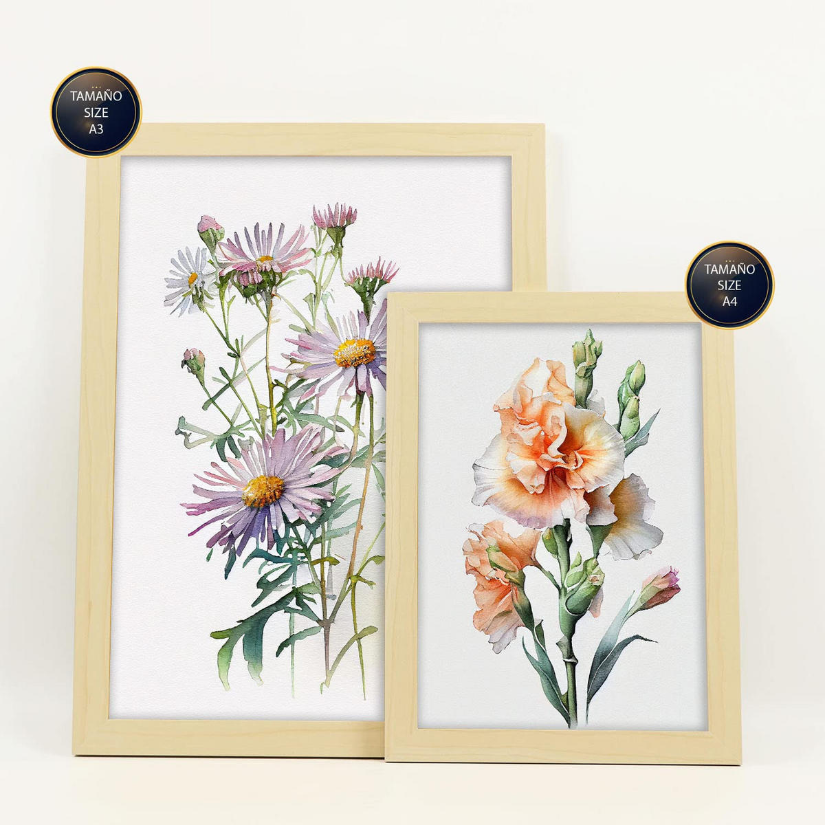 POSTER Set Mit 6 Blumenstrauß Größe A3 & A4 Rahmen aus hellem Holz - Beige, Papier (29.7/1cm) - Nacnic