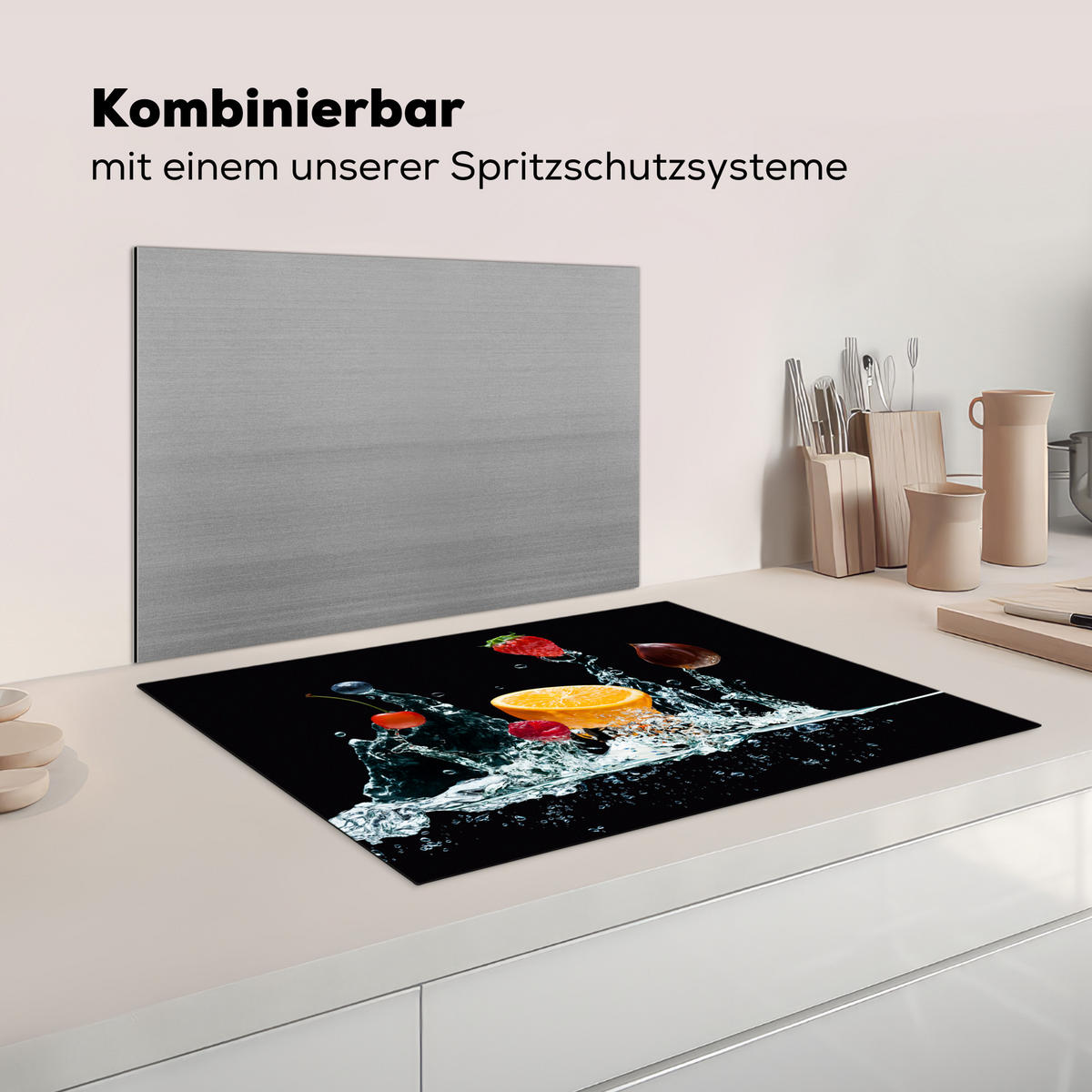 KRYT NA INDUKČNÍ DESKU Voda - Ovoce - Pomeranč - Jahoda - Třešeň - Černá 75x52 cm - pomerančová, plast (75/52/0.2cm) - MuchoWow