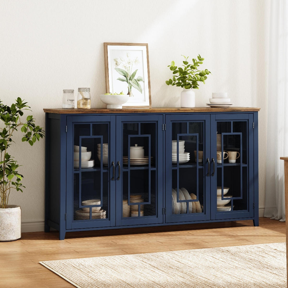 SIDEBOARD 160 CM Küchen-Sideboard GLASTÜREN Holzoptik Esszimmer Wohnzimmer 160/40/86 cm - Blau, Holzwerkstoff (40/86/160cm) - Rolipo