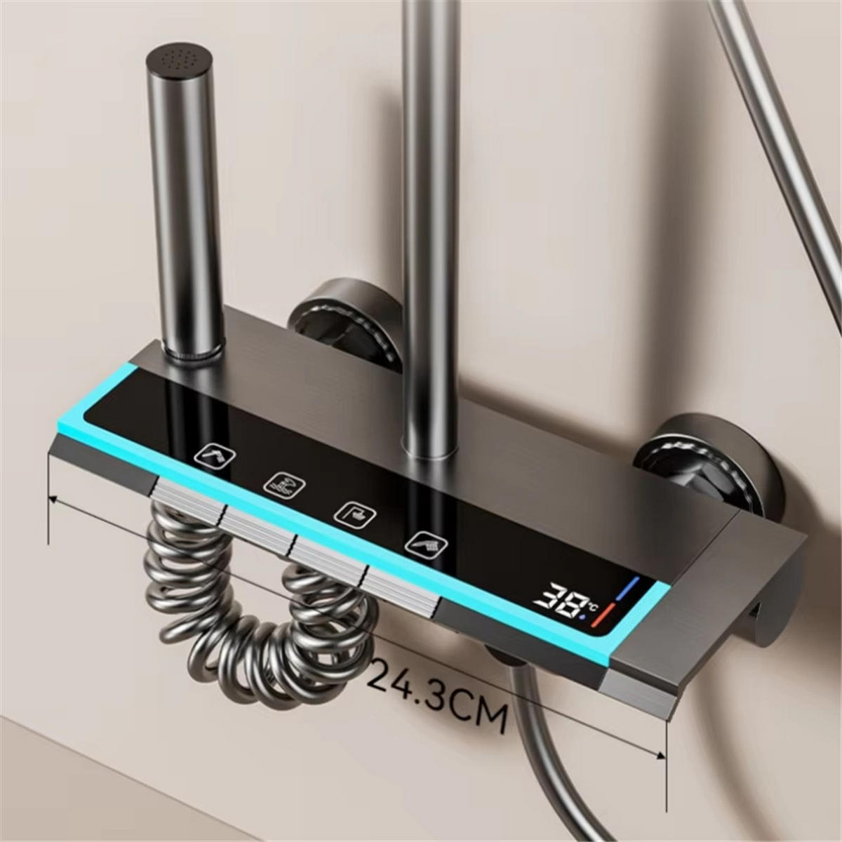 ÜBERKOPFBRAUSESET 4 Funktionen Heiß Kalt Digital - Dunkelgrau, Metall (21/105/30cm) - Kaket