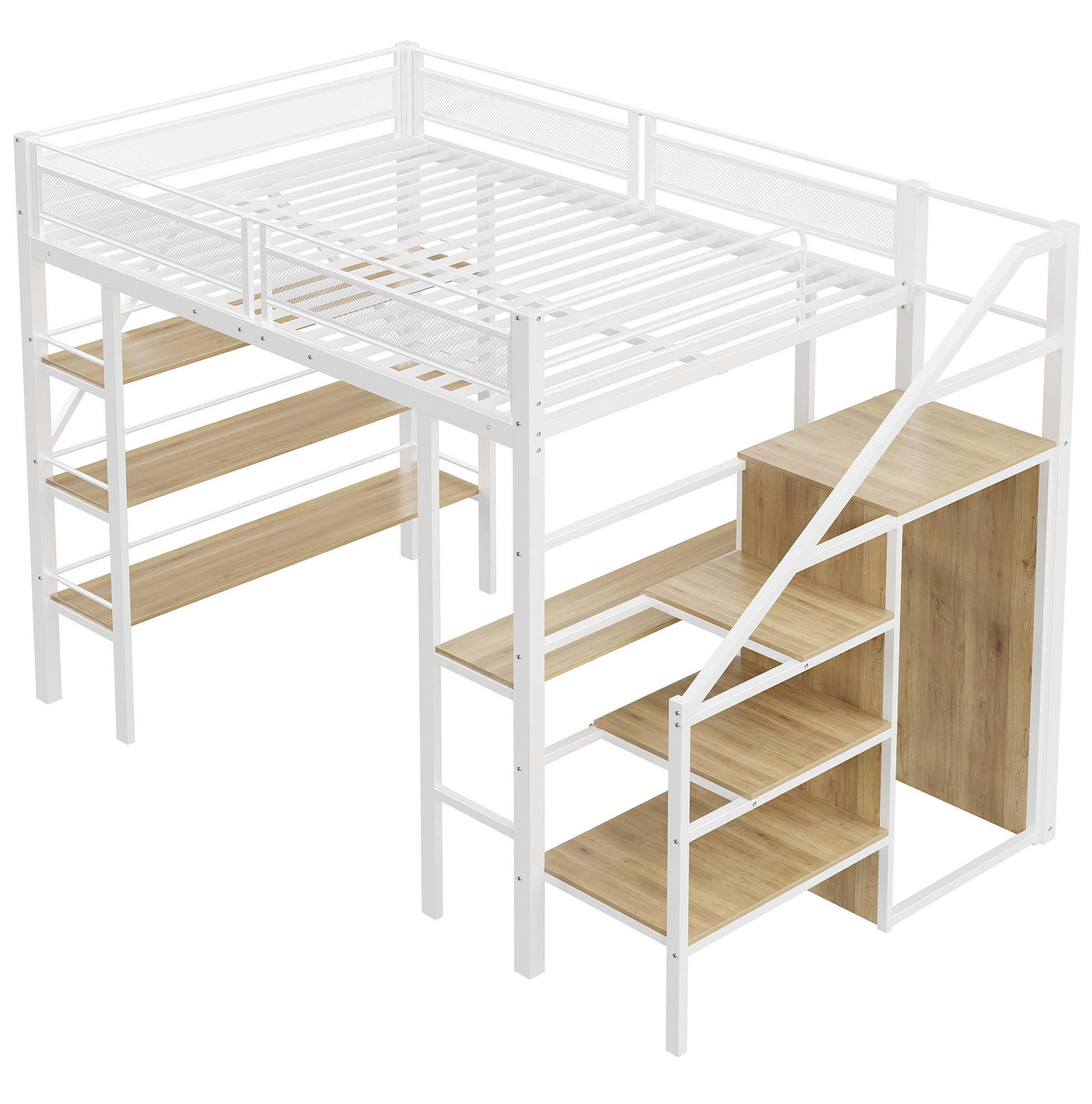 HOCHBETT 140/200 cm Weiß aus Metall mit Schreibtisch und Kleiderschrank - Weiß, Metall (140/200cm) - MIVRAY