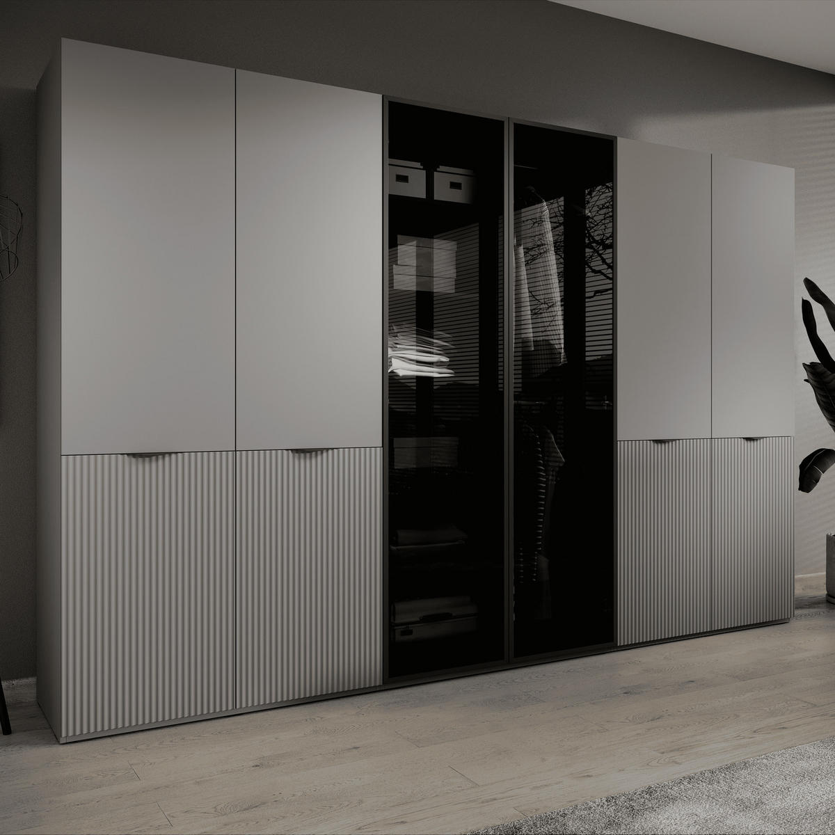 KLEIDERSCHRANK ZEN (Modular, Grau Matt, Grau & Getöntes Glas Antisol, 6-türig) - Schwarz/Grau, Holz/Holzwerkstoff (303/200/51cm) - Ravio