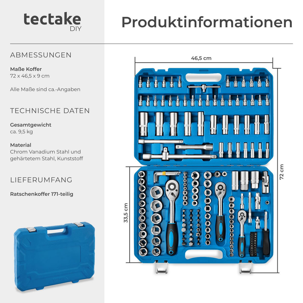 STECKSCHLÜSSELSATZ, übersichtliche Anordnung im Kunststoffkoffer, blau - Blau, Metall (46.5/33.5/9cm) - tectake