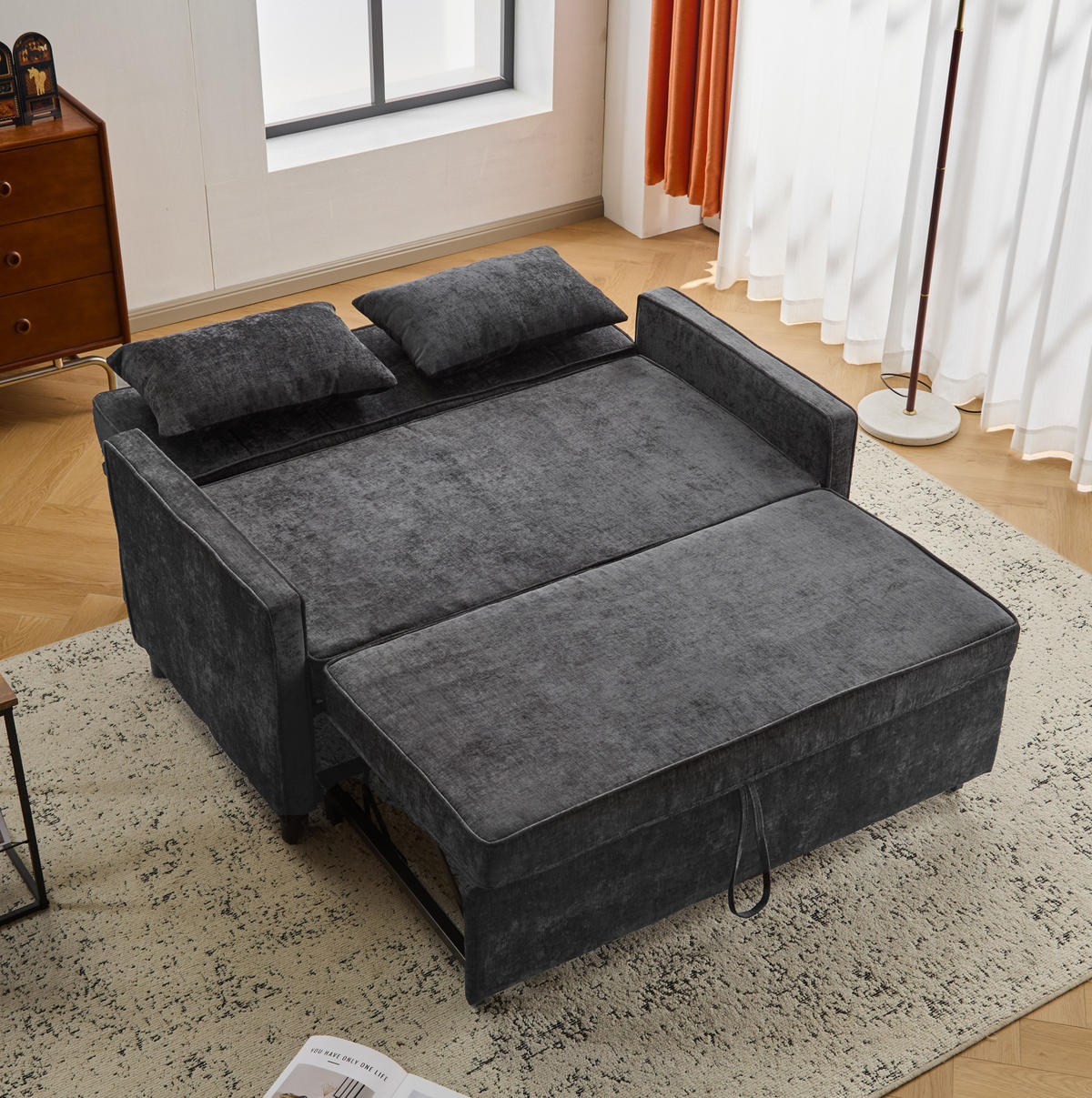 SCHLAFSOFA aus Chenille 174x125 cm Antique Black mit Schlaffunktion, verstellbarer Rückenlehne und 2 Kissen - Schwarz, Kunststoff (142/85/79cm) - Modfu