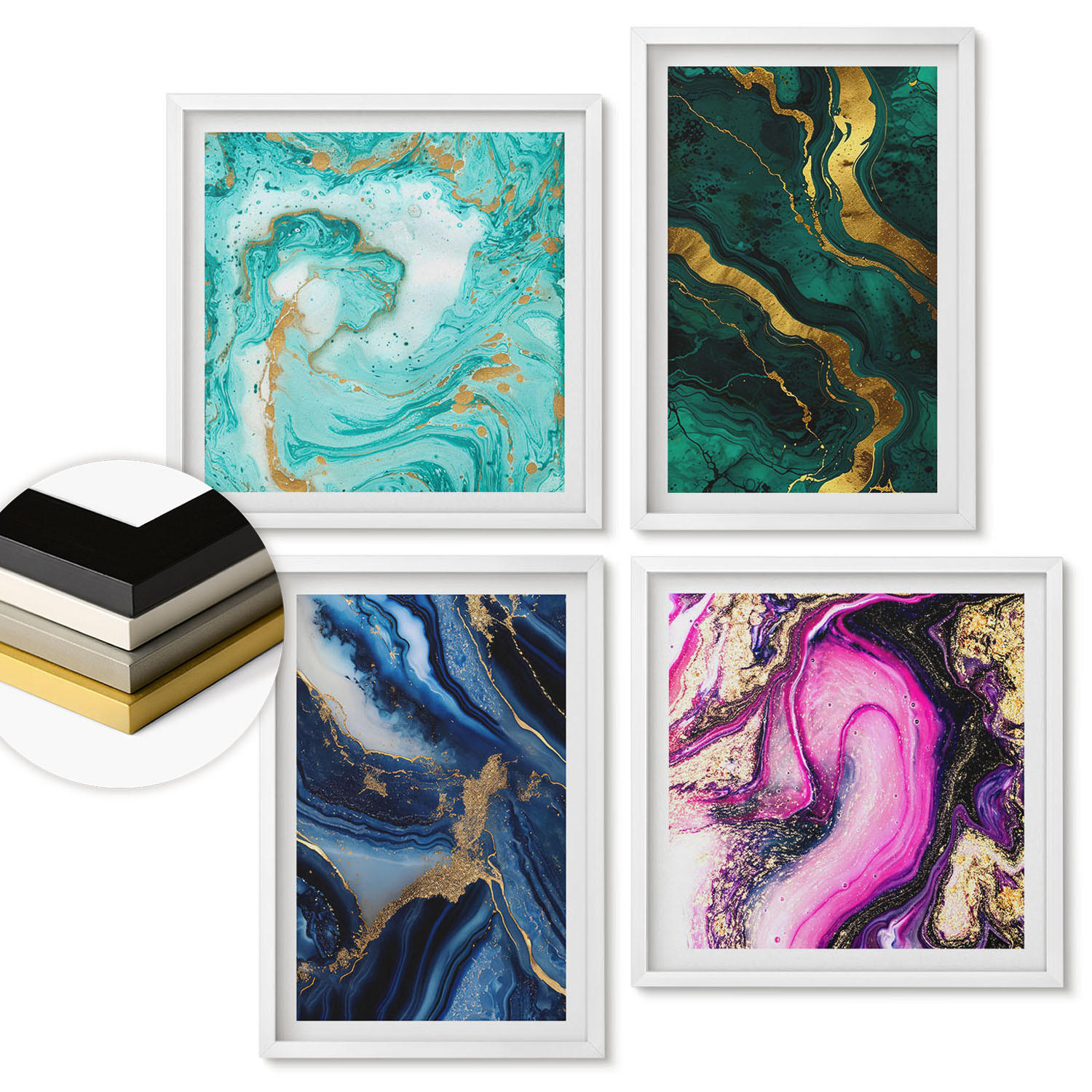 WANDBILDER 4er-Set - 50x50 cm & 40x60 cm Weißer Rahmen - Abstrakte Muster in Rosa, Grün und Blau - Weiß, Kunststoff (50/50cm) - ArtPrintCave