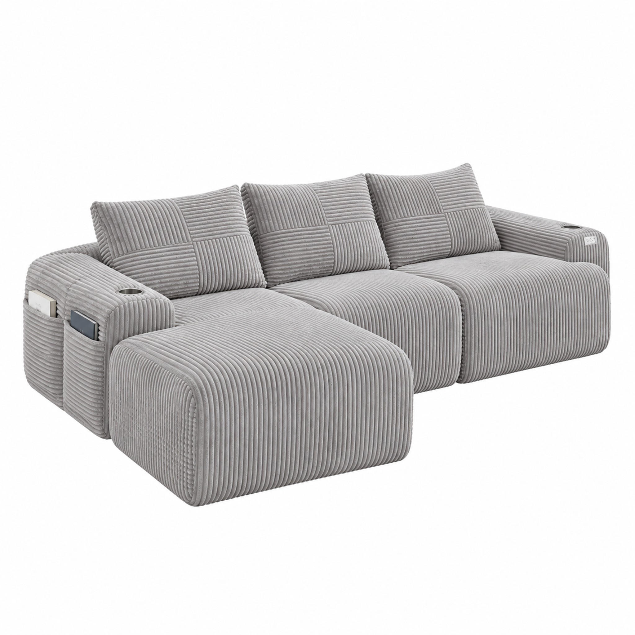 SOFA modular 3-Sitzer 268 x 174 cm Cord Hellgrau mit Hockern - Hellgrau, Kunststoff (174/268cm) - Meubliv