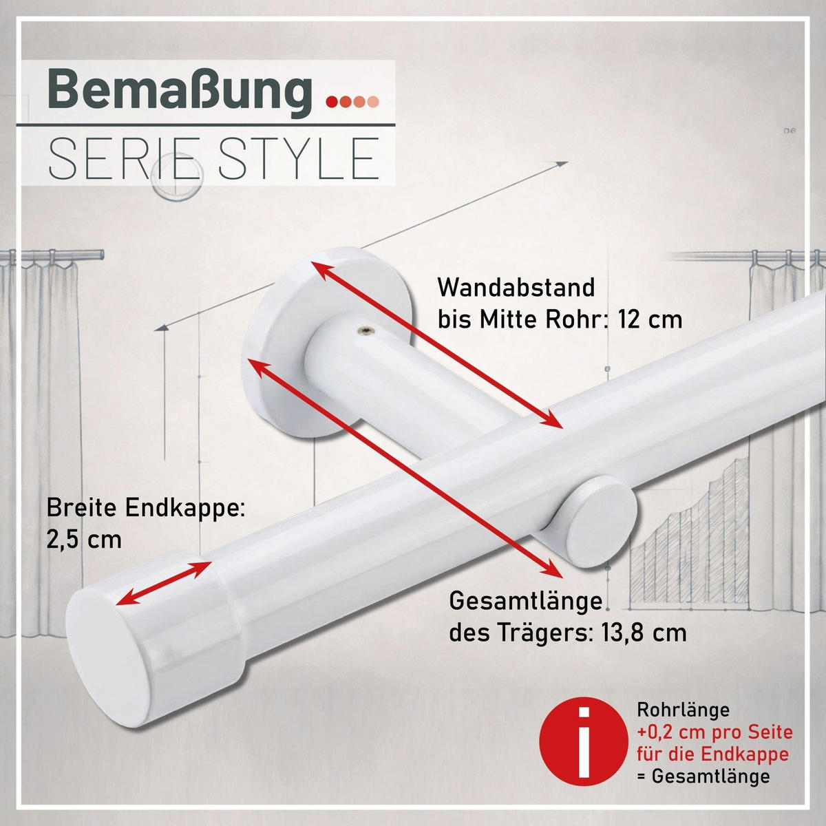 GARDINENSTANGE auf Maß 1-lauf Wandmontage Kappe 140cm - Weiß, Metall (140cm) - Deco-Raum