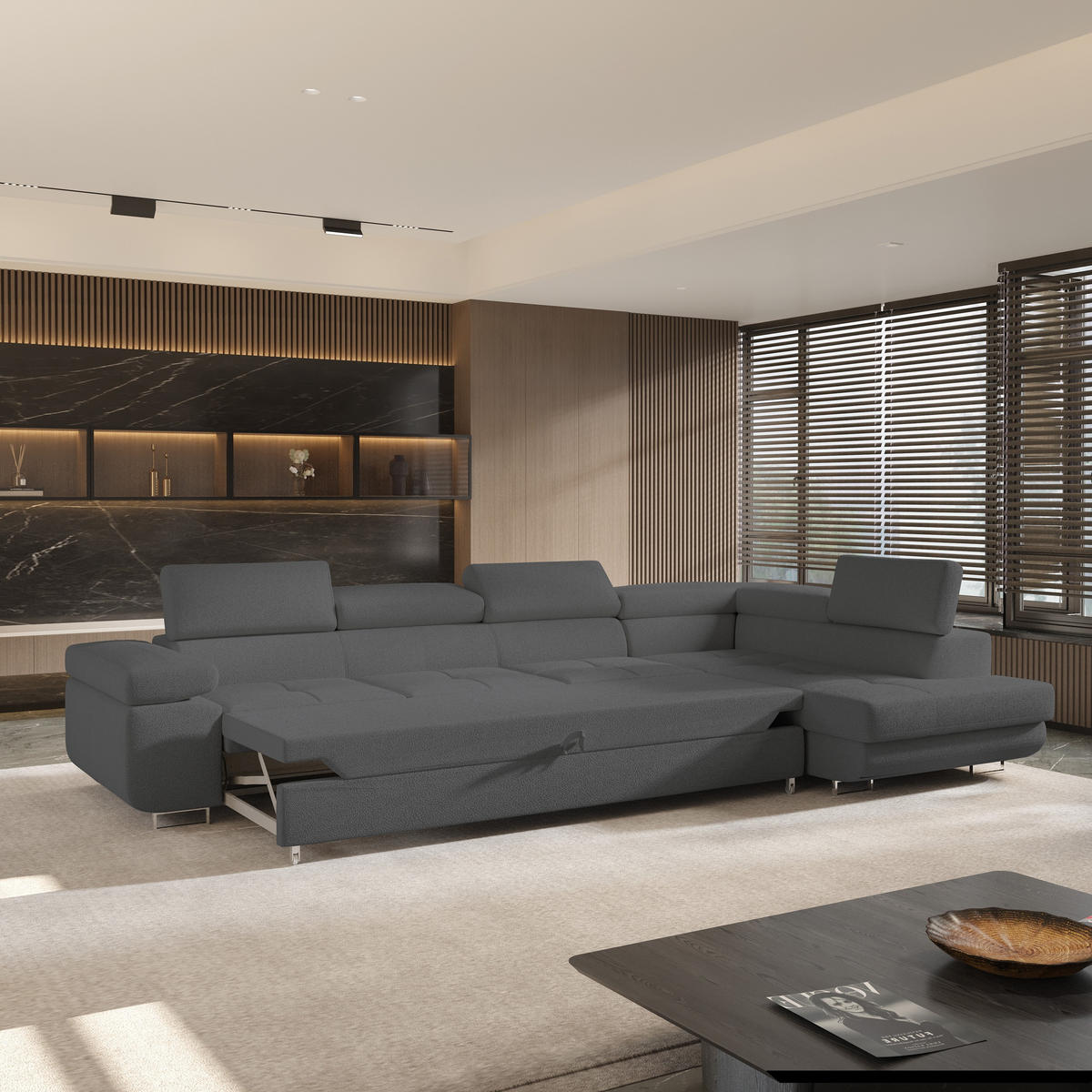 ECKSOFA VICENTE Grau Boucle-Stoff mit Schlaffunktion - Grau, Holz (346/202cm) - MASSENO