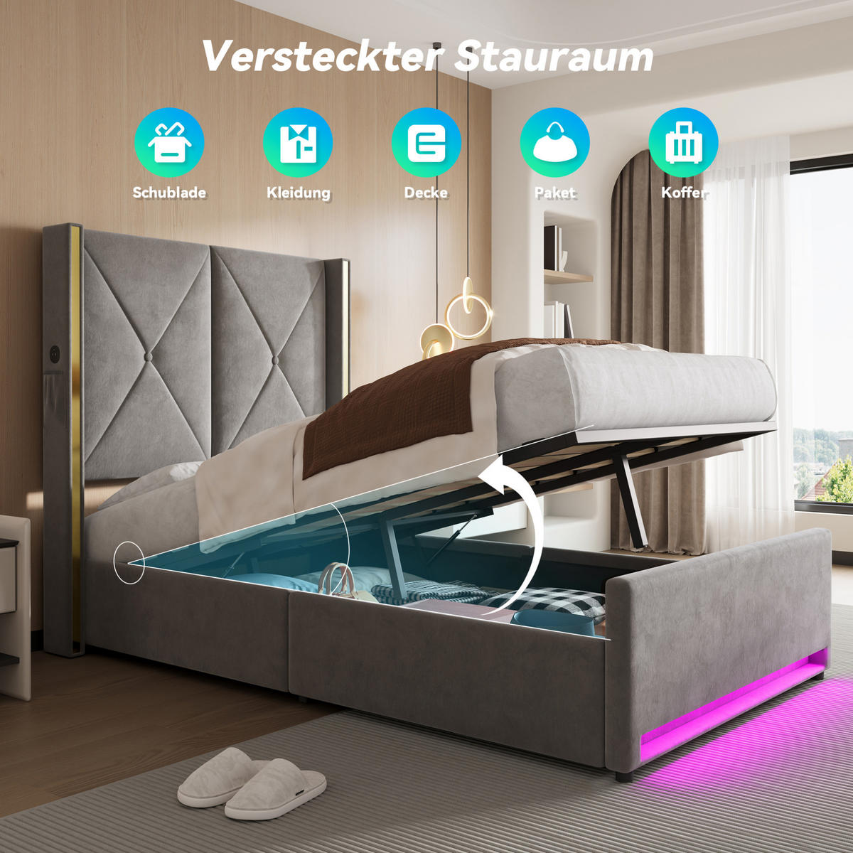 POLSTERBETT 90/200 cm mit USB, Type-C, LED und hydraulischem Bettkasten, Dunkelgrau - Dunkelgrau, Textil (90/200cm) - Redom