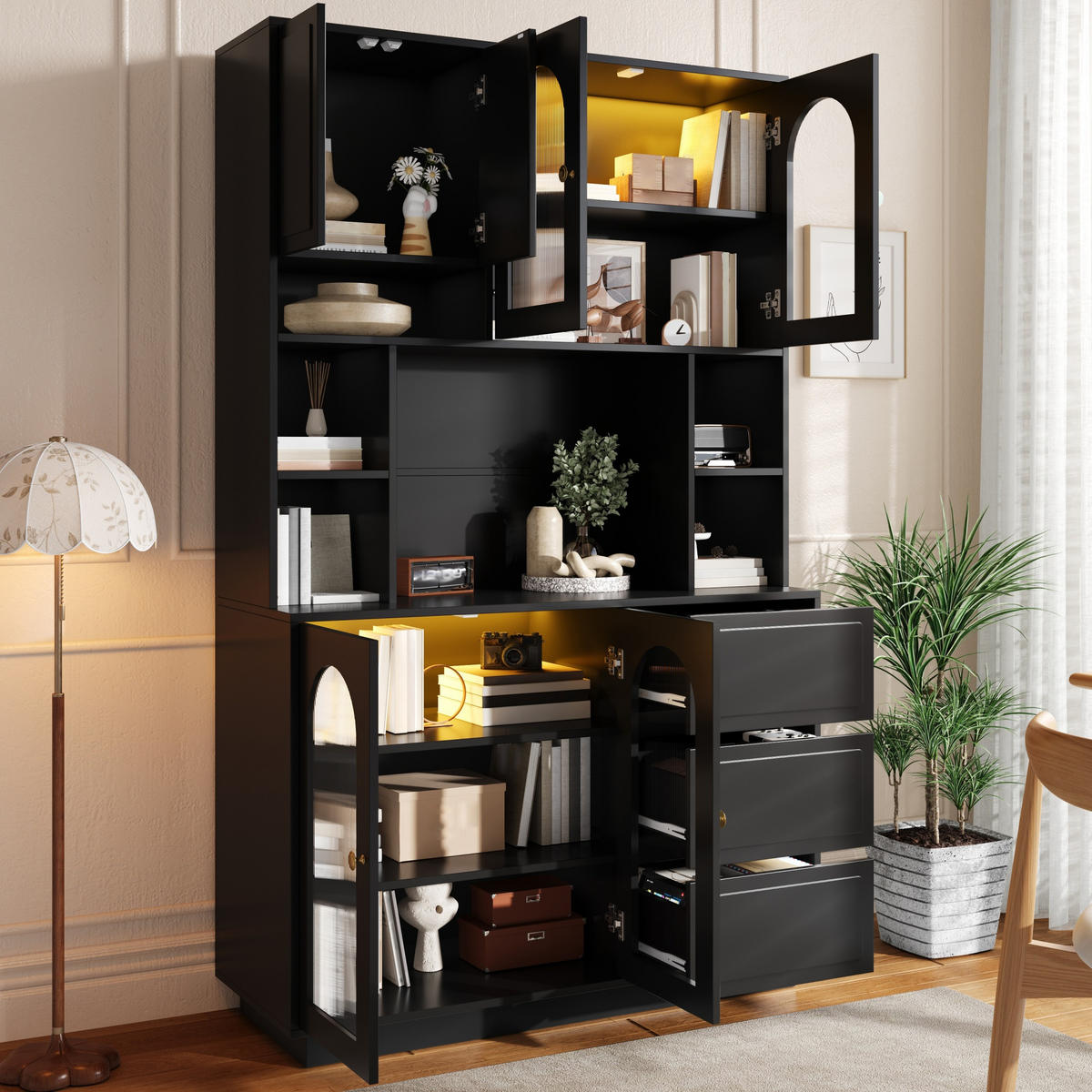 BUFFET DE-37600 106/30/175 cm mit LED-Beleuchtung Schwarz - Schwarz, Holzwerkstoff (106/175/30cm) - ComfortXL