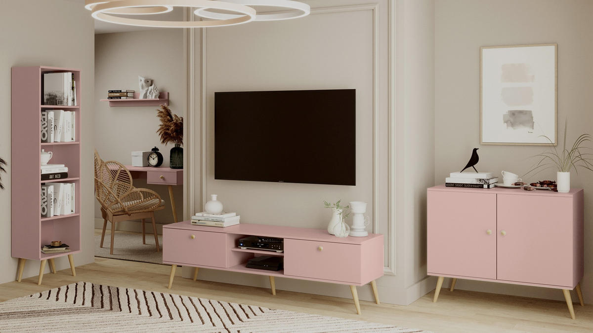 REGAL Natur Boho Auf Hohen Beinen Mit Regalen Mit Massivholzbeinen - Rosa, Holzwerkstoff (46/180/32cm) - Sepro Meble