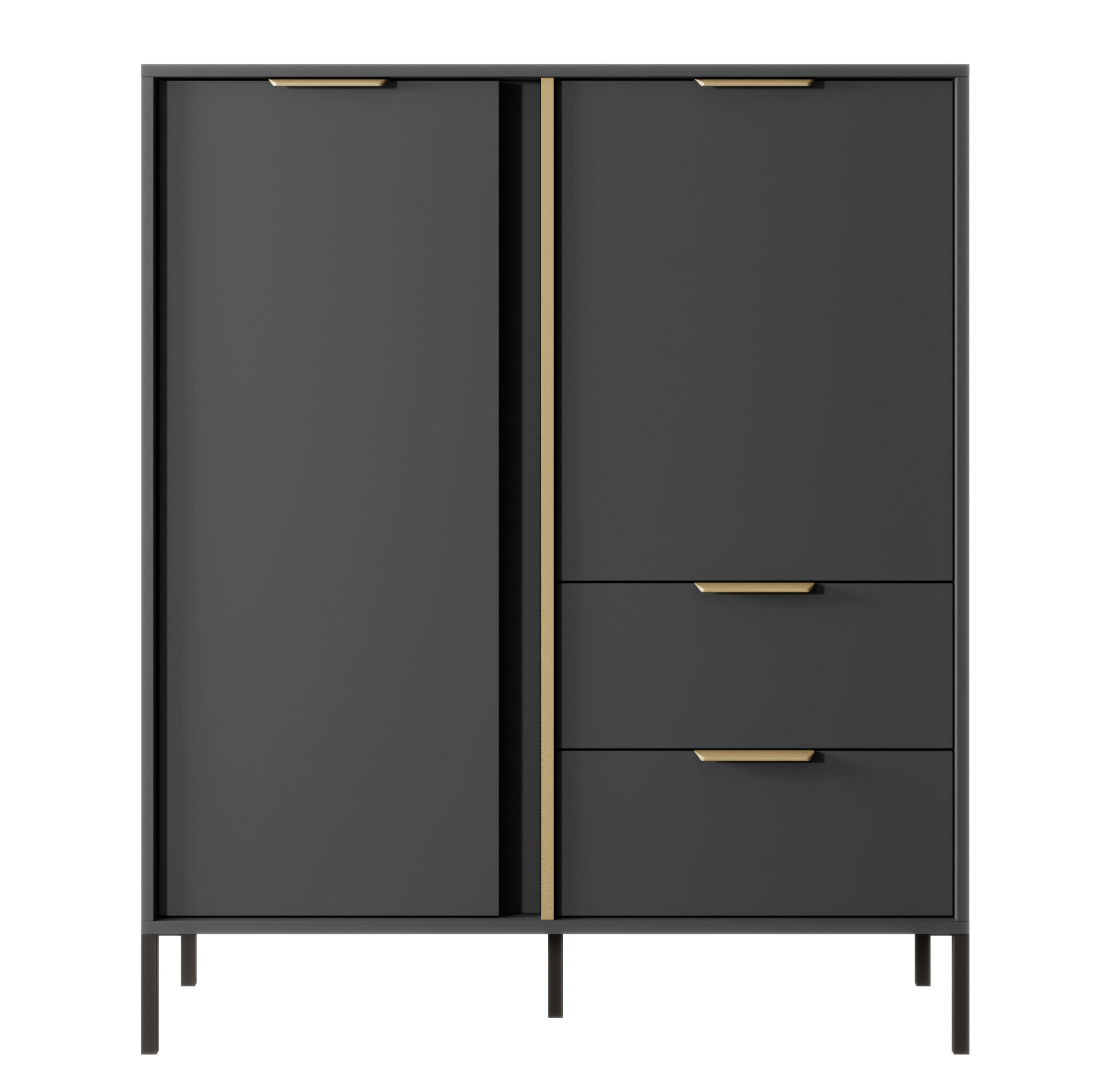 HIGHBOARD Catanian 2T 2S Grau 103,3/123,4/39,5 cm – mit goldenen Griffen und schwarzen Beinen - Schwarz/Grau, Holzwerkstoff/Metall (103.3/123.4/39.5cm) - AX Living