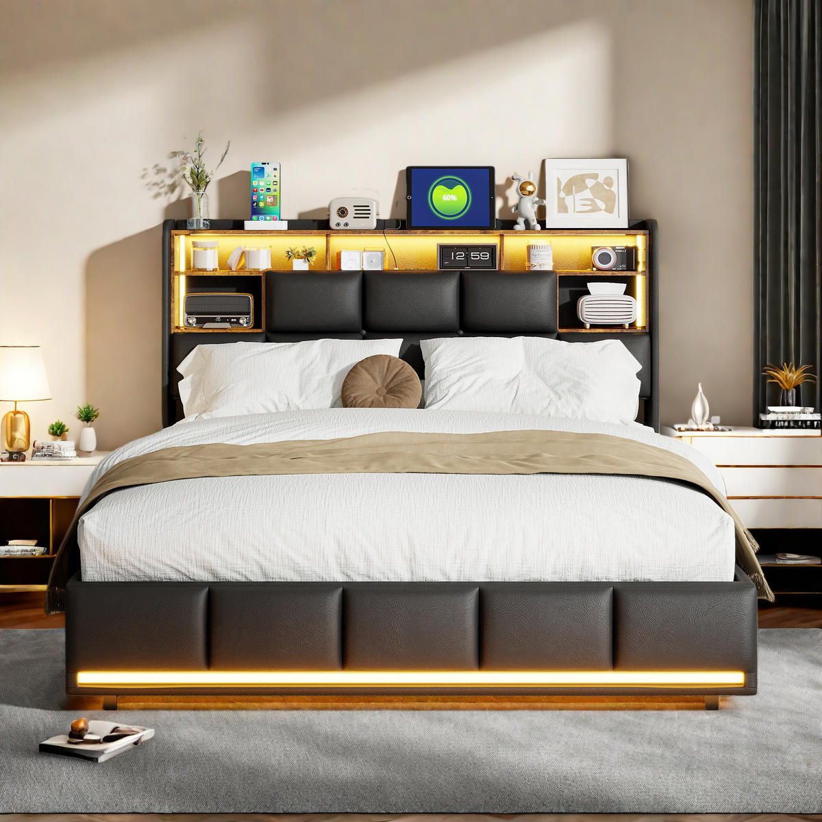 POLSTERBETT 160 x 200 cm, mit LED-Beleuchtung und hydraulischem Stauraum, Doppelbett, schwarz, PU-Material. - Schwarz, Holz (160/200cm) - WoodenAura