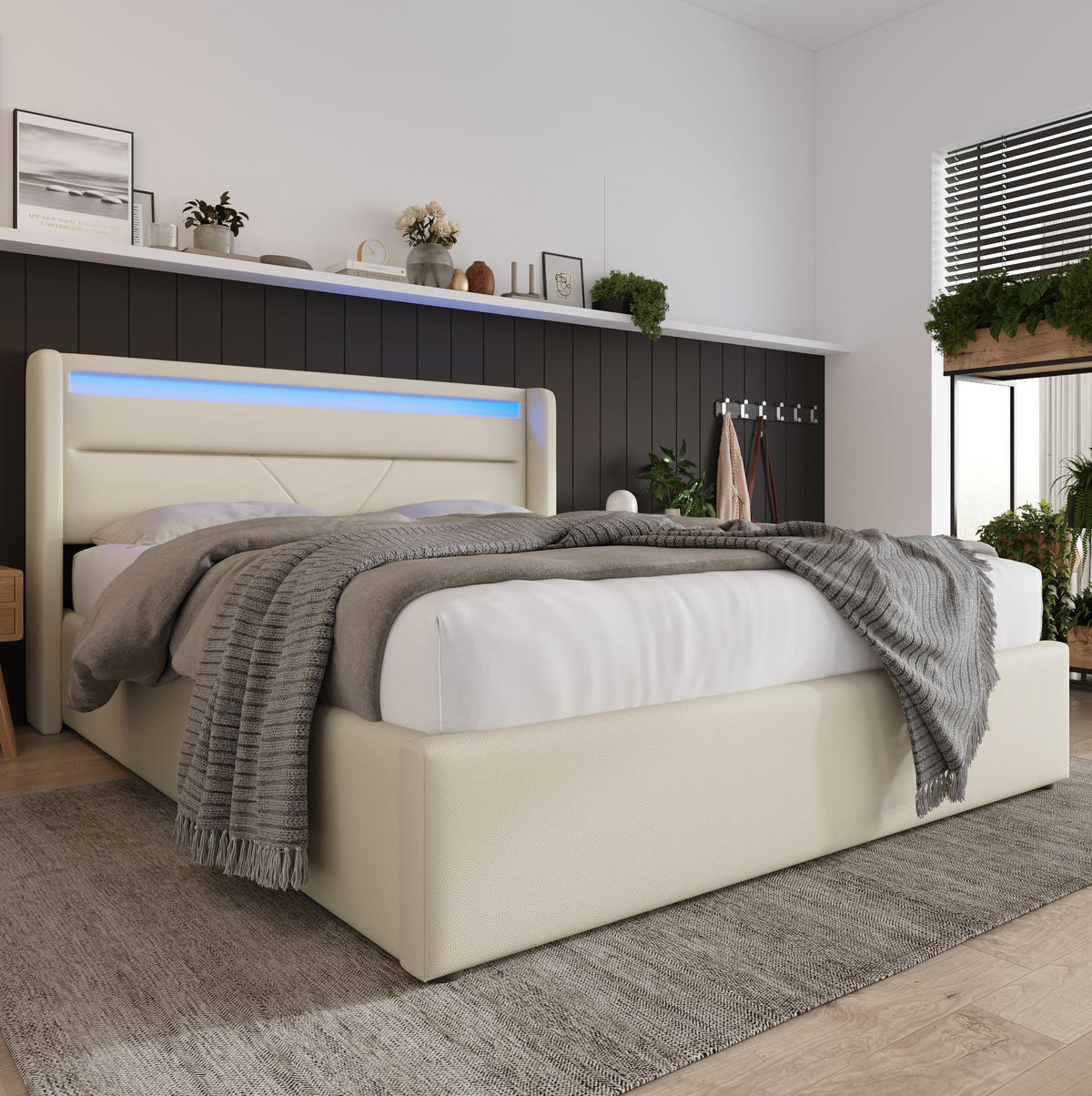 BETT mit Bettkasten und LED 160x200 cm PU White inkl. Matratze - Weiß, Metall (160/200cm) - Meubliv