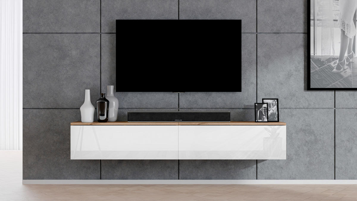 LOWBOARD Loriano 2x100 Eiche Wotan, Weiß Hochglanz 200/34/32 cm – TV Bank - Braun/Weiß, Holzwerkstoff/Kunststoff (200/34/32cm) - AX Living