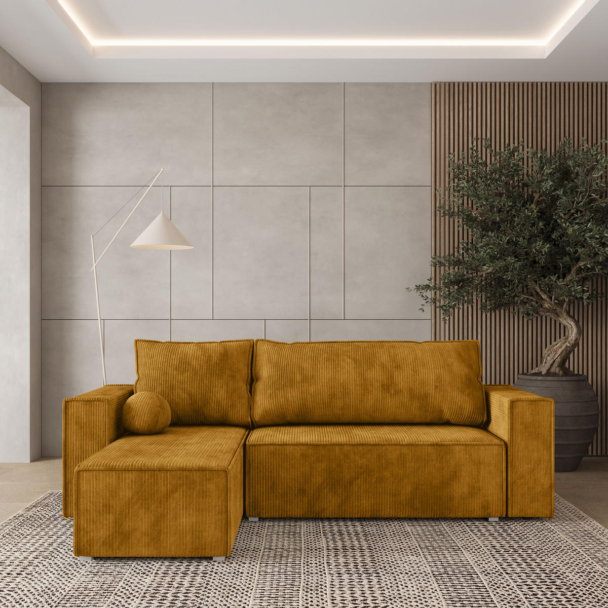 ROHOVÁ SEDAČKA RAVELO žlutá - šedá/žlutá, dřevo/textil (240/140cm) - MASSENO