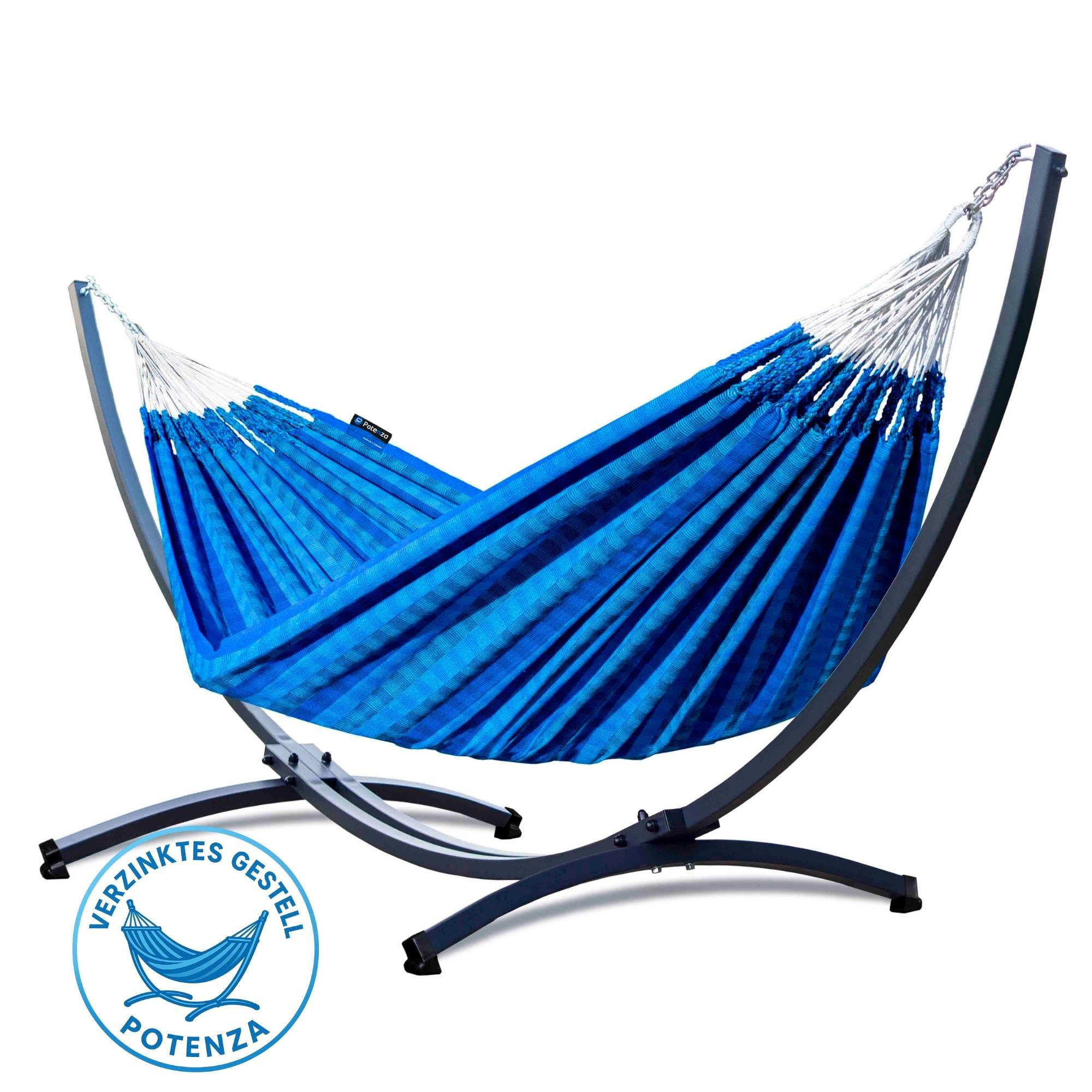 HÄNGEMATTE mit Verzinktem Gestell, 2 Personen, XXL, 200 kg, Metall, Morena Blau, einfache Montage - Blau, Metall (370/130/120cm) - Potenza