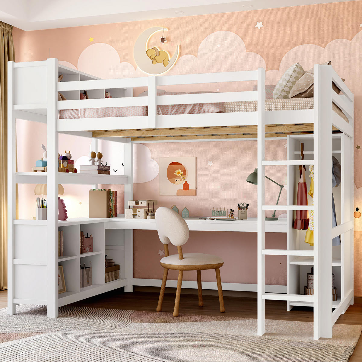 HOCHBETT 140/200 cm Weiß mit Schreibtisch und Regalen mit Matratze - Weiß, Holzwerkstoff (140/200cm) - OKWISH