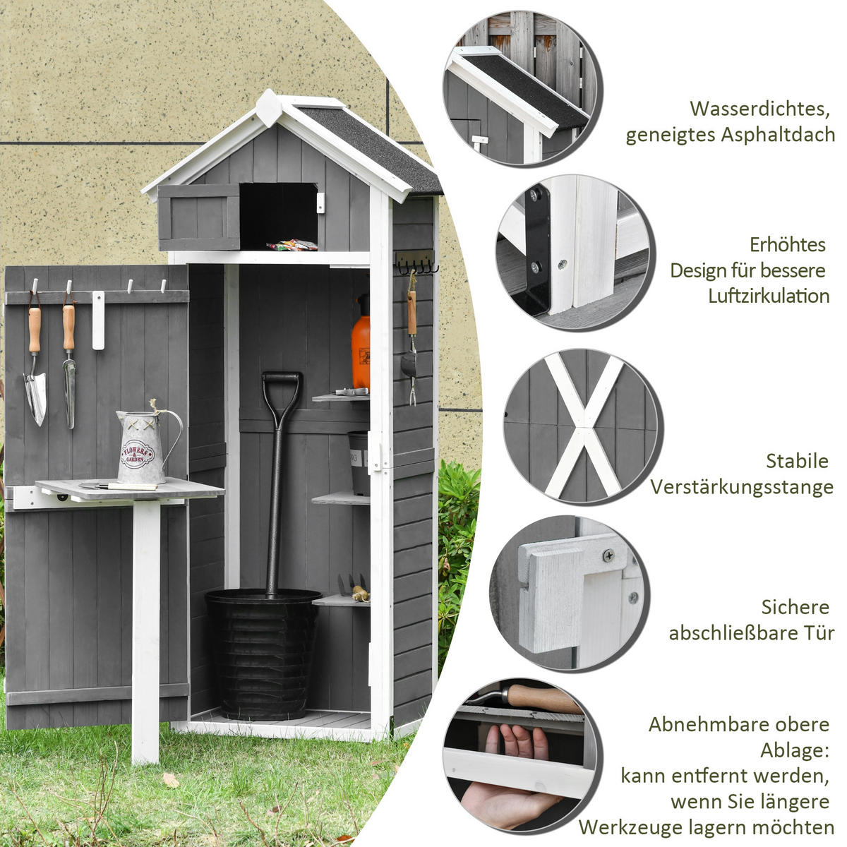 GARTENSCHRANK aus Holz, Gerätehaus mit Tür Dach, Geräteschuppen mit Hacken, Grau - Dunkelgrau, Holz (52.5/182/78cm) - Outsunny