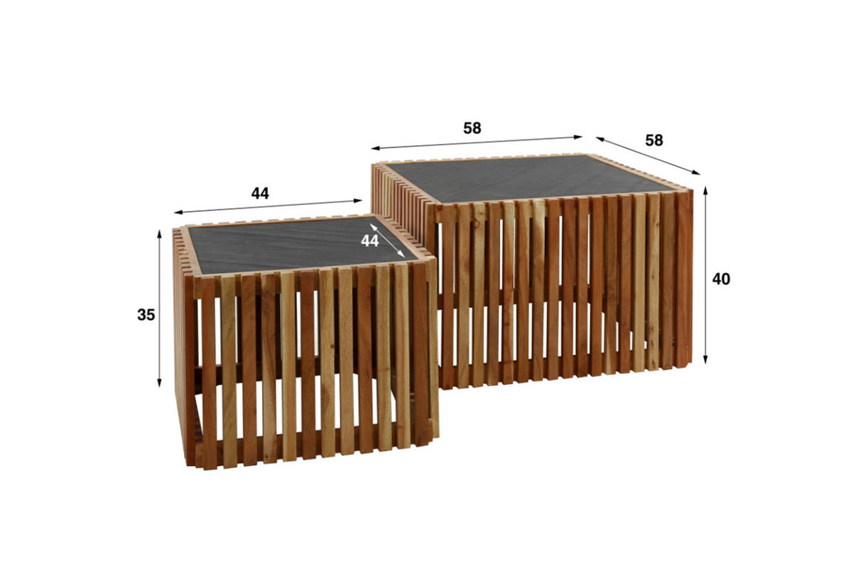 COUCHTISCH-SET INARU Schwarz Stein - Schwarz/Braun, Akazienholz/Stein (58/58/40cm) - KAWOLA