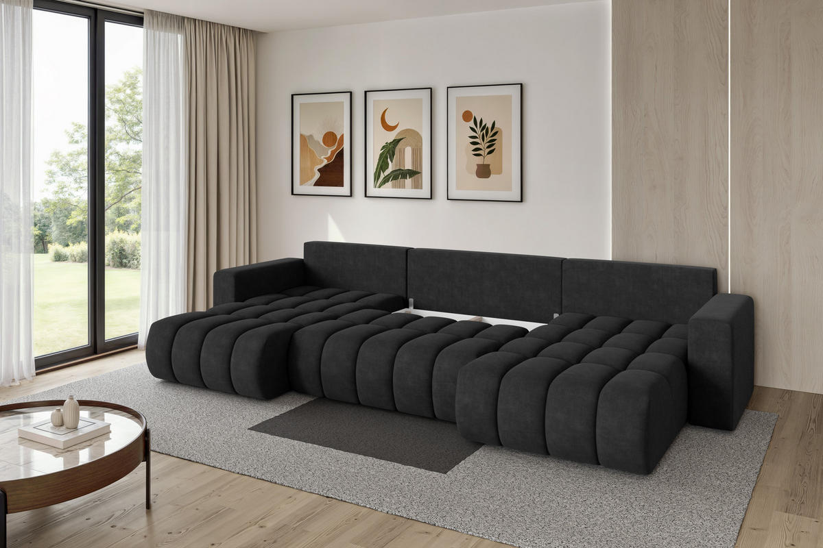SEDACÍ SOUPRAVA DO U s funkcí spaní a úložným prostorem MILA-U-v1 378x194x86 černá velur - černá, kompozitní dřevo/textil (378/86/194cm) - ALTDECOR