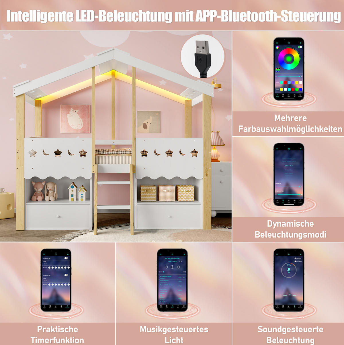 HOCHBETT 90/200 cm Hausform mit 2 Schubladen und LED-Beleuchtung in Weiß + Natur mit Matratze - Weiß, Holzwerkstoff (90/200cm) - OKWISH