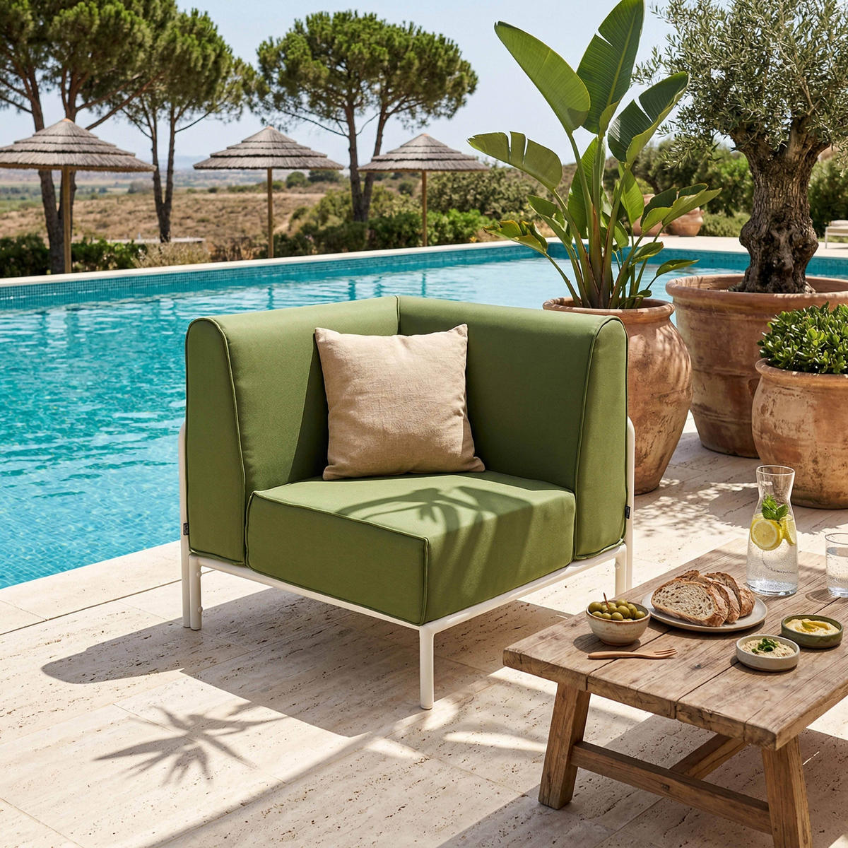 GARTENSOFA mit 3 Sitzplätzen, Khakigrün - Grün, Textil (80/78/216cm) - Oviala